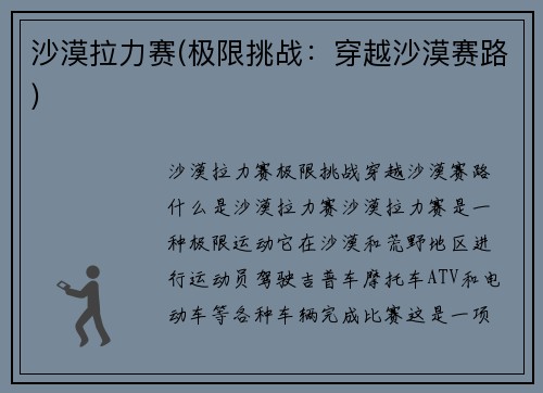 沙漠拉力赛(极限挑战:穿越沙漠赛路)
